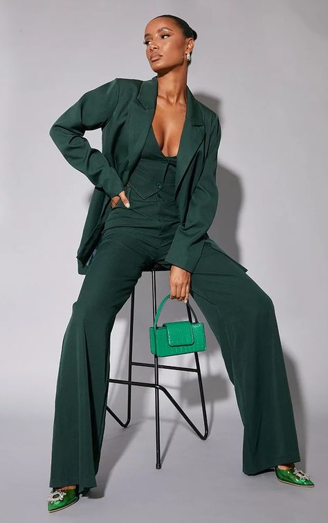 Woven Double Belt Loop Suit Pants Green Suit Women, Queer Prom, Blazer Verde, Satin Suit, Double Belt, Loop Design, Green Trousers, Green Suit, Prom Suits