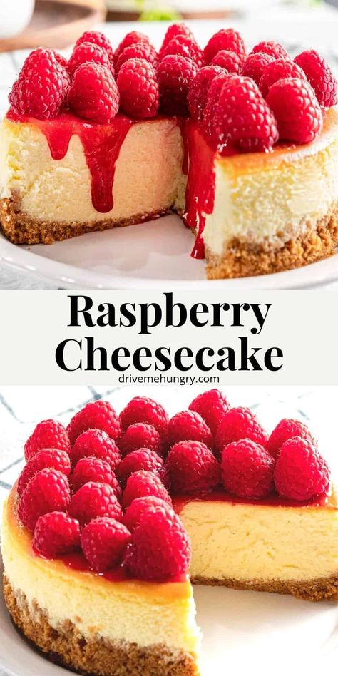 This easy raspberry cheesecake has a smooth and creamy cheesecake base that's topped with a bright raspberry sauce and fresh raspberries! Best Raspberry Cheesecake, Cheesecake With Raspberry Topping, Raspberry Cheesecake Topping Recipe, Raspberry Puree For Cheesecake, Best Raspberry Cheesecake Recipe, Homemade Raspberry Cheesecake, Raspberry Cheesecake Recipes Easy, Cheesecake With Raspberries, Cheesecake Recipes Raspberry