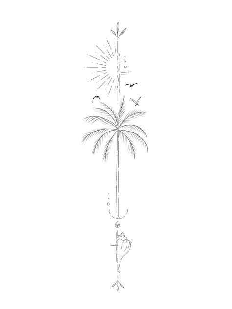 Tattoo Ideas Female Hawaiian Flower, Spine Beach Tattoos For Women, Beach Inspired Spine Tattoos, Dainty Hawaii Tattoo, Palm Tree Arrow Tattoo, Tattoo On Back Of Leg For Women, Hawaii Tattoos For Couples, Beach Idea Tattoos, Bora Bora Tattoo