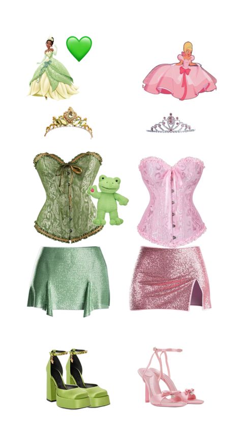 Princess Charlotte Costume, Casual Disney Character Outfits, Princess And The Frog Group Costume, Tiana Themed Outfit, Halloween Costumes Princess And The Frog, Halloween Costumes Duo Disney, Tinker Bell Corset Costume, Duo Halloween Costumes Disney Princess, Iridessa Tinkerbell Costume