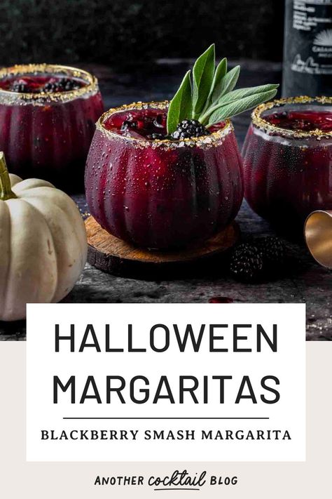 Looking for a Halloween margarita recipe? This unique blackberry margarita smash is made with smoky mezcal mixed with sweet blackberries, tart pomegranate juice and a subtle hint of earthy sage. These dark and moody cocktails are perfect for spooky season. Garnish with fresh sage before serving. Blackberry Margarita, Halloween Party Drinks, Halloween Drinks Alcohol, Yummy Alcoholic Drinks, Seasonal Drinks, Boozy Drinks, Halloween Cocktails, Fancy Drinks, Mixed Drinks Recipes