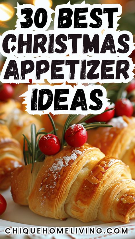 Elevate your holiday gatherings with these 30 mouthwatering Christmas party appetizers! Serve up festive bites like cranberry-brie puff pastries, bacon-wrapped asparagus, and savory mini quiches. Add a holiday twist with creative appetizers such as stuffed mushrooms, caprese skewers shaped like wreaths, and spiced deviled eggs. These crowd-pleasers are not only easy to prepare but also visually stunning, making them perfect for any Christmas party. Christmas Party Bites, Adult Christmas Party Appetizers, Food Ideas Christmas Party, Xmas Apps Appetizer Ideas, Winter Party Horderves, Christmas Holiday Appetizers Parties, Best Christmas Eve Appetizers, New Christmas Appetizers, Quick Easy Christmas Appetizers