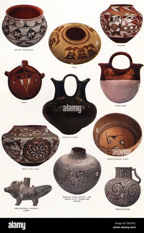 Download this stock image: Native American clay pottery, hand - made by the Pueblo People of New Mexico and Arizona. Selection of different vessels, pots. Pueblo Indian. American Indians. Santo domingo, hopi, acoma, santa clara, maricopa, very old zuni, prehistoric hopi, prehistoric pueblo lamp, prehistoric water jar from cliff dweller ruins. Artist unknown. - ERGTKC from Alamy's library of millions of high resolution stock photos, illustrations and vectors. American Clay, Ancient America, Native American Tools, Water Jar, Pueblo Indians, Indian American, Pueblo Pottery, Group Project, Native American Artifacts