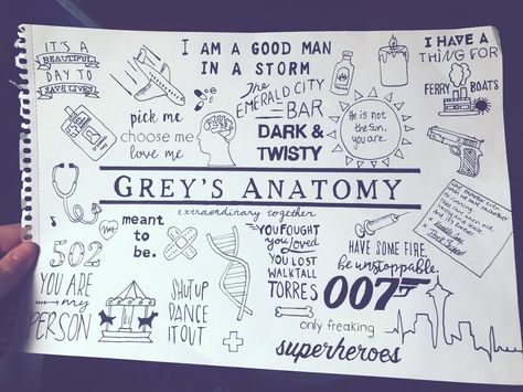 Greys Anatomy Book, Greys Anatomy Sweatshirt, Greys Anatomy Facts, Greys Anatomy Funny, Essay Tips, Bullet Journal Mood Tracker Ideas, Grey Anatomy Quotes, Doodle Pages, Drawing Journal