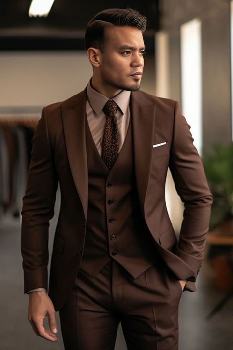 Brown 3 Piece Suit Men, Men Wedding Clothes, 3 Piece Suit Men Wedding, Brown Suit Wedding, Brown Groomsmen, Brown Wedding Themes, Brown Suits For Men, Brown Tuxedo, 3 Piece Suit Men