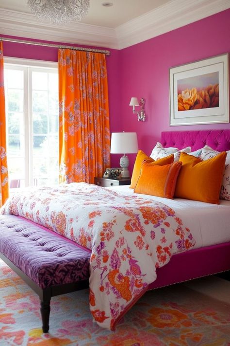 Refreshing bedroom ideas offer a sanctuary filled with character and coziness. Layered textures, vibrant patterns, and Pink And Orange Bedroom, Ideas Dormitorio, Orange Bedroom Decor, Bedroom Decor Aesthetic, Lavender Bedroom, Pink Bedroom Furniture, Women Bedroom, Bold Bedroom, Bedroom Ideas For Small Rooms Diy