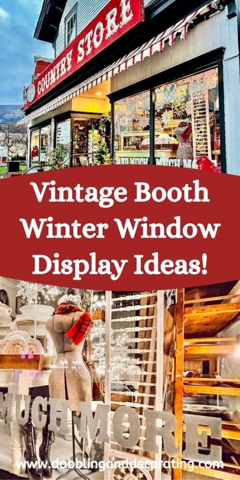 Winter Storefront Display, Christmas Thrift Store Window Display, Winter Vintage Booth Displays, Winter Store Display Ideas, Christmas Window Store Displays, Ladder Window Display, Vintage Christmas Displays Booth, Antique Christmas Window Display, Christmas Displays Retail Ideas