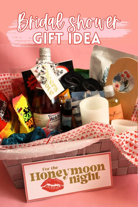 Planning a bridal shower and looking for the perfect gift? Look no further than the ultimate honeymoon night basket! This post has over 10 unique items to include that will make the night extra special for the newlyweds. From massage oils to lingerie, these items will have the couple feeling pampered and relaxed as they start their new life together. Morning After Wedding Gift Basket, Wedding Night Basket For Bride And Groom, Newlywed Gift Basket Ideas, Date Night Bridal Shower Gift, Wedding Night Basket, Wedding Night Gift Basket Couple, Honeymoon Gifts For Bride, Bridal Shower Gifts For Bride Baskets Diy, Wedding Shower Basket Gift Ideas