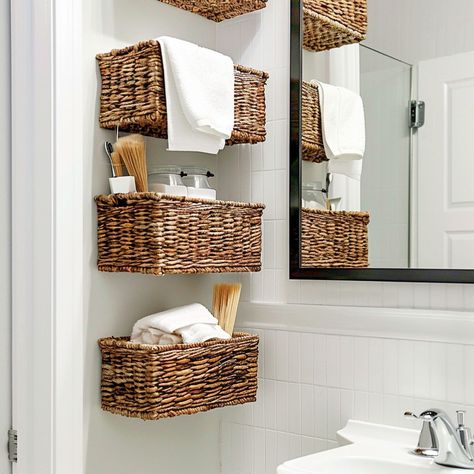 24 Small Bathroom Shelf Ideas - Rhythm of the Home Bathroom Shelves Next To Mirror, Bathroom Floating Shelves For Towels, Small Shelf Bathroom, Bathroom Shelf Decorating Ideas, Diy Bathroom Counter Storage, Small Bathroom Organization Storage, Small Bathroom Storage Ideas On A Budget, Small Bathroom Shelf Decor, Small Bathroom Wall Storage