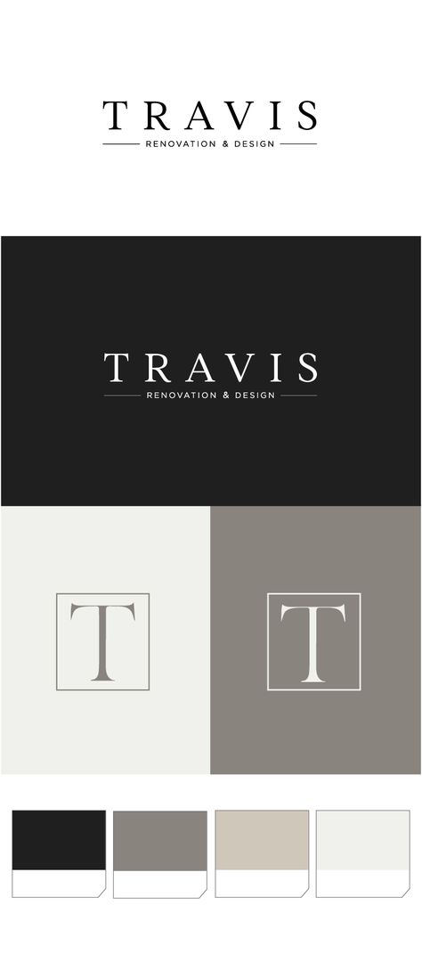 Logo Design and custom color palette for Travis Renovation & Design in Virginia. We aimed to create a classic, timeless, and elegant logo that doesn't distract from Mary's work, but that aligns with it and compliments it's sleekness. #logoinspiration #logodesign #elegant #logo Sleek Logo Design Inspiration, Heritage Branding Design, Brand Identity Design Logo Inspiration, Brand Application, Latest Graphic Design Trends, Brand Identity Colors, Brand Boards, Cafeteria Food, Elegant Logo Design