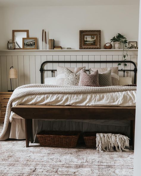 Vertical shiplap wall with shelf cottage bedroom style cottagecore accessible beige Shiplap Bedroom, Iron Bed Frame, Ashley Home, Style Cottage, Cottage Bedroom, Bedroom Panel, Shelves In Bedroom, Master Bedrooms Decor, Ship Lap Walls