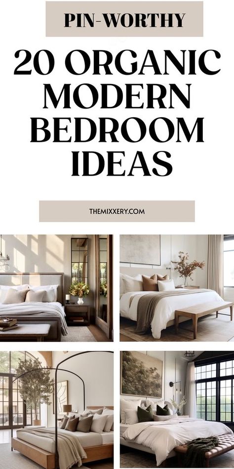 Discover the soothing charm of an organic modern bedroom with our curated collection of decor inspiration. Embrace simplicity and create a serene space that exudes natural elegance. From earthy color palettes to minimalist furniture, find ideas that will transform your bedroom into a tranquil haven. Explore the fusion of clean lines, natural textures, and simple aesthetics to achieve a truly organic modern look. Let nature's beauty infuse your sleeping oasis and experience the perfect blend of c Transitional Bedroom With Color, Grey Organic Modern Bedroom, Bedroom Designer Ideas, Master Bedrooms Decor Modern 2024, Modern Oasis Bedroom, Modern Traditional Guest Bedroom, Modern Organic Bedroom Design, Organic Modern Bedroom Color Palette, Bedroom Decor Trends 2024