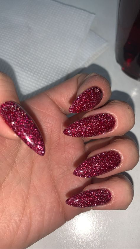 Deep Red Glitter Nails, Dark Red Nails With Glitter, Red Sparkle Christmas Nails, Dark Red Glitter Nails, Dark Red Nails Acrylic, Glittery Red Nails, Sparkly Red Nails, Red Sparkle Nails, Red Glitter Nails