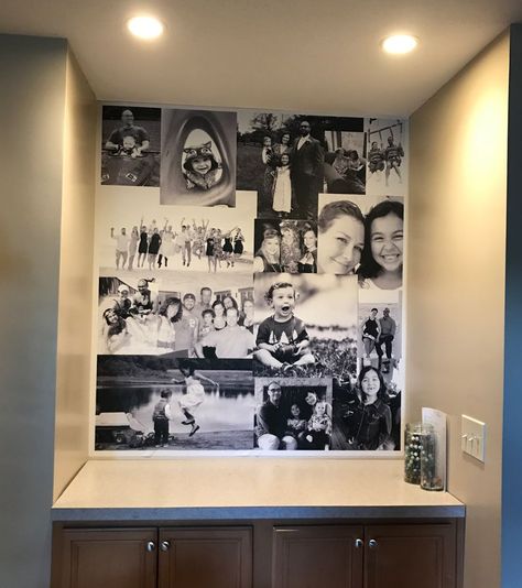 Photo Collage Repositionable Wallpaper Photo Collage Ideas Framed, Mix Tile Photo Wall Ideas, Diy Photo Collage Wall, Photo Wall Collage Bedroom, Canvas Photo Collage, Pictures Of Family, Repositionable Wallpaper, Photo Collage Diy, Photo Wall Display