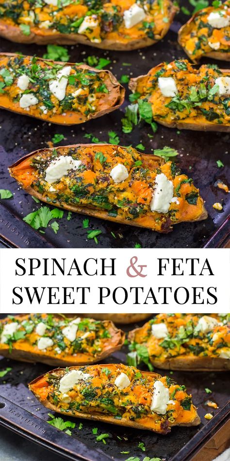 These Spinach and Feta Stuffed Sweet Potatoes are flavorful and easy. They're a great side dish when you want to mix things up a bit! Stuffed Sweet Potato, Sweet Potato Pie Southern, Sweet Potato Recipes Healthy, Sweet Potato Recipes Baked, Twice Baked Sweet Potatoes, Stuffed Sweet Potatoes, Sweet Potato Recipes Casserole, Sweet Potato Spinach, Spinach Feta