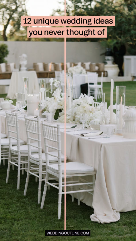 an outdoor wedding venue with white table and chairs with floral centerpieces and white candles. Unique Things At Weddings, Fun Ideas For Wedding Guests, Unique Wedding Features, Most Unique Wedding Ideas, Dry Wedding Ideas, Wedding Guest Present Gift Ideas, Fun Ideas For Wedding Reception, Weekend Wedding Ideas, Non Traditional Wedding Ideas Unique