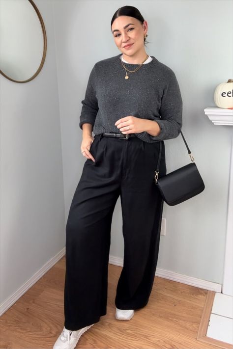 The Harlow Wide-Leg Pant curated on LTK Dark Monochrome Outfit, Mid Size Office Fashion, Door Shaped Body Type Outfits, Comfy Work Outfit Plus Size, Midsize Work Fashion, Tall Midsize Fashion, Winter Outfit 2024, Business Casual Outfits Mid Size, Curvy Office Outfit