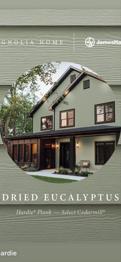 Dried Eucalyptus Paint Color, Vertical Green Siding, Eucalyptus Exterior House Color, Olive Green Exterior House Colors Board And Batten, Dried Eucalyptus Exterior Paint, Dried Eucalyptus Hardie Siding, Siding Ideas Exterior Ranch, Green Hardie Board House, Green And Black House Exterior