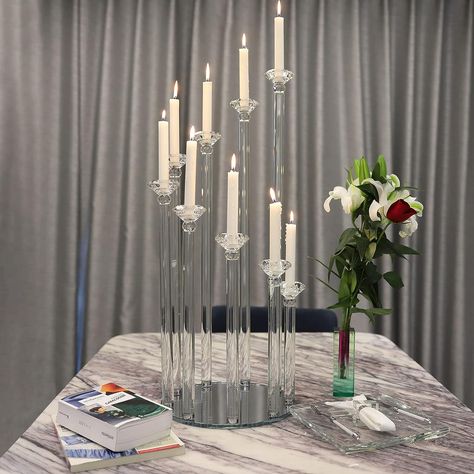 1-Pack) 32" Crystal Table Candelabra Candle Holder-9 Arms, Pillar Taper Candlesticks Centerpiece Decorations w/Round Mirror Base - Perfect for Birthdays, Weddings, Table Decoration, Event Decor Visit the Azure Sk Candlesticks Centerpiece, Practical Wedding Gifts, Glass Candelabra, Candlestick Centerpiece, Decoration Event, Crystal Centerpieces, Crystal Holder, Crystal Table, Led Color Changing Lights