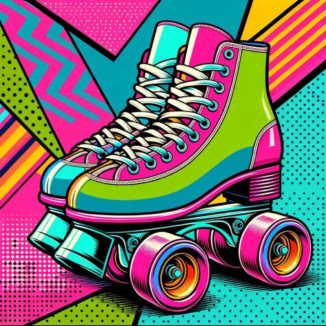 Pop Art Mural Wall, Pop Art 90s, 80s Illustration Graphics, Retro Modern Art, Roller Skate Illustration, Pop Art Background Design, 80s Rollerskate, Neon Design Graphic, 80s Drawings