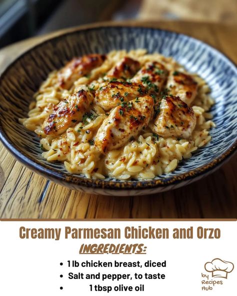 Creamy Parmesan Chicken and Orzo Orzo Recipes With Chicken, Bow Pasta Recipes, Creamy Orzo Recipes, Orzo Pasta Recipes, Chicken And Orzo, Creamy Parmesan Chicken, Orzo Dishes, Mexican Casserole Recipe, Chicken Skillet Recipes