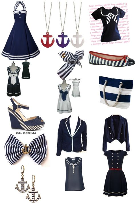 That dress in the top left! And those shoes!! ⚓️  "Pretty sailor!!!!!" by danielle-101 ❤ liked on Polyvore 50s Sailor Outfit, Marine Inspired Fashion, Vintage Sailor Outfit, Nautical Chic Outfit, Cute Sailor Outfit, Sailor Outfit Aesthetic, Nautical Party Outfit, Sailor Inspired Outfit, Marine Clothes