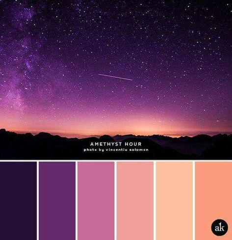 Galaxy Hues - shades of purple and orange can make a night sky pop! #colorscheme Unexpected Color Palettes, Gem Color Palette, Ethereal Color Palette, Large Color Palette, Whimsical Color Palette, Color Scenes, Wedding Schemes, Learning Painting, Color Schemes Colour Palettes