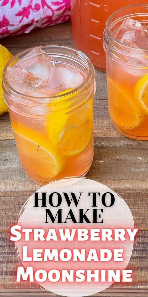 How to make homemade strawberry lemonade moonshine using Everclear. It's the perfect large batch refreshing summer cocktail. #Moonshine #SummerCocktail #CocktailRecipe #SouthernRecipe Moonshine With Everclear, Summer Moonshine Recipes, Moonshine Cocktails Recipes, Everclear Moonshine Recipes, Strawberry Lemonade Moonshine Recipe, Everclear Recipes, Lemonade Moonshine Recipe, Homemade Brandy, Strawberry Moonshine Recipe