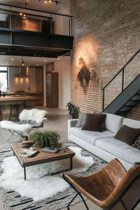 "Transform your living room into an urban retreat with Modern Industrial Decor! 🛋️🏭 Ideal for adding a touch of rugged elegance to your home. 🌿✨ #IndustrialStyle #LivingRoomDesign #ModernLiving" Organic Industrial Decor, Industrial Country Home, Industrial Lounge Room, Industrial Contemporary House, Industrial Home Design Living Room, Industrial Home Decor Ideas, Feminine Industrial Decor, Industrial Scandinavian Living Room, Social Living Room