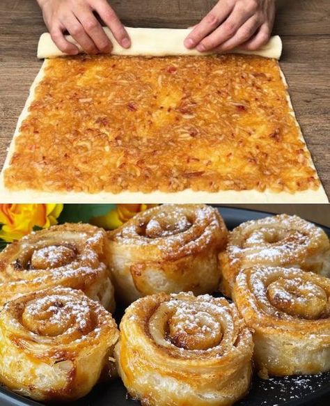 Quick Puff Pastry Apple Rolls Recipe Grated Apple Recipes, Apple Scrolls, Strawberry Puree Recipe, Apple Recipes With Puff Pastry, Quick Puff Pastry, Apple Rolls, Puff Pastry Apple, Apple Cinnamon Cake, Apple Pastry