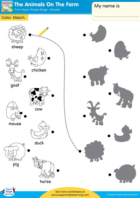 The Animals On The Farm Worksheet – Color & Match | Super Simple Farm Worksheet, Farm Animals For Kids, Match Worksheet, Kindergarten Esl, Animals On The Farm, Farm Animals Preschool, Farm Animals Activities, Animal Activities For Kids, Farm Animal Crafts