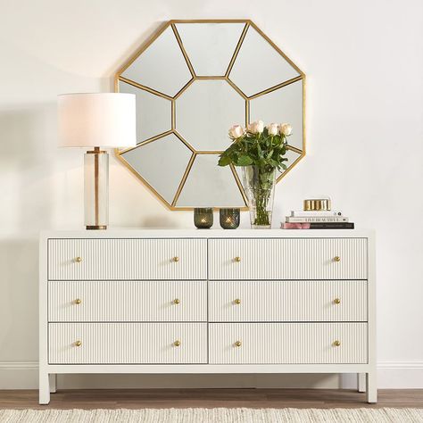 Omg, this is beautiful! I love the details 💕 #indoor #indoorfurniture #drawers #storagechest #livingroom Brass Rod, Gold Mirror Wall, 6 Drawer Chest, White Chests, Crystal Table Lamps, Coffee Table To Dining Table, Living Room Spaces, Gold Handles, Gold Walls