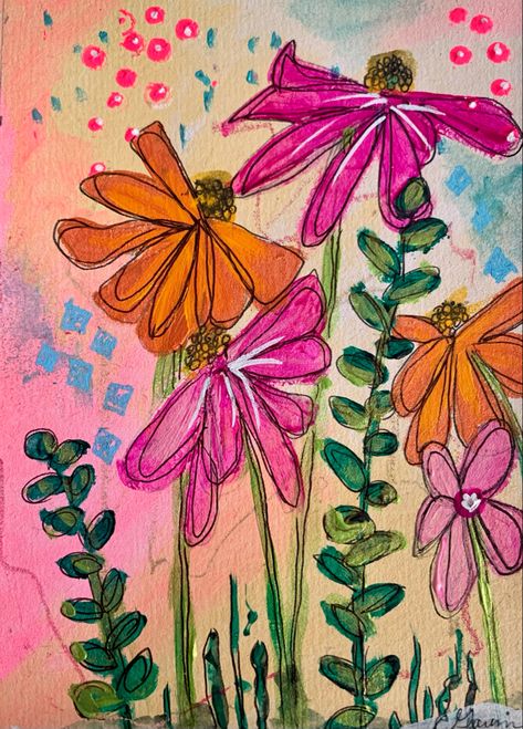 Pink, almond, orange and green flowers, mark making, spring colors Pasco Marker Art, Posca Pens Flowers, Expo Marker Art, Acrylic Marker Art Ideas Simple, Marker Sketches Simple, Posca Pens Art Ideas Simple, Simple Marker Drawing Ideas, Acrylic Pen Art Ideas, Acrylic Marker Art Ideas