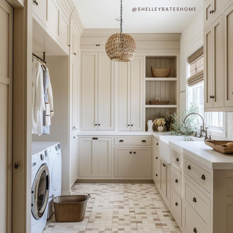 I love everything about this laundry room 😍 See more inspo from Shelley Bates on the blog Two Tone Laundry Room, Modern Vintage Laundry Room, Laundry Room With Bench, Laundry Room Design Layout, Large Laundry Room Ideas, Laundry Room Mud Room Combo, Pantry And Laundry Room Combo, Big Laundry Room, Washroom Ideas