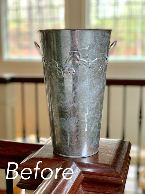 Thrift store makeover! Make this vase into a vintage beauty with a simple paint technique! #thriftstoremakeover #thriftstore #vintage #vintagelookdecor #cottagestyle #farmhousestyle #vase Tall Metal Vase, Galvanized Vase With Flowers, Metal Vase With Flowers, Painting Metal Vases Diy Ideas, Metal Flower Vase, Large Floor Vase Decor, Metal Vases Decor Ideas, Floor Vase Decorating Ideas, Farmhouse Vase Ideas