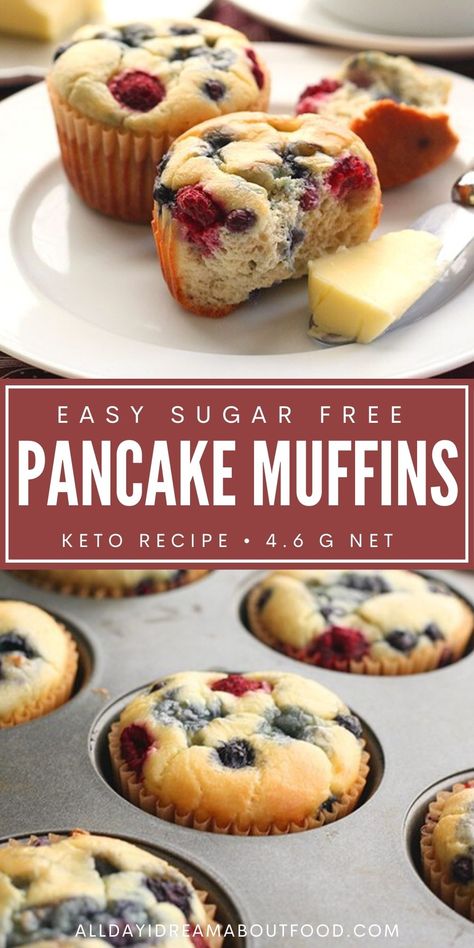 Pinterest collage for easy sugar free pancake muffins. Carb Free Muffins, Breakfast Keto Muffins, Easy Keto Breakfast Muffins, Pancake Muffins Healthy, Sweet Keto Breakfast Easy, Keto Grab And Go Breakfast, Keto Pancake Muffins, Keto Pancake Bites, Keto Breakfast Cake