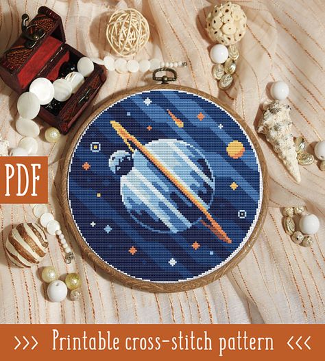 This stitchy planet by StitchingLand on Etsy is so cool! xx Cross Stitch Embroidery Patterns, Embroidery Patterns Ideas, Craft Embroidery, Nature Cross Stitch, Space Galaxy, Learn Embroidery, Cross Stitch Borders, Cute Cross Stitch, Cross Stitches