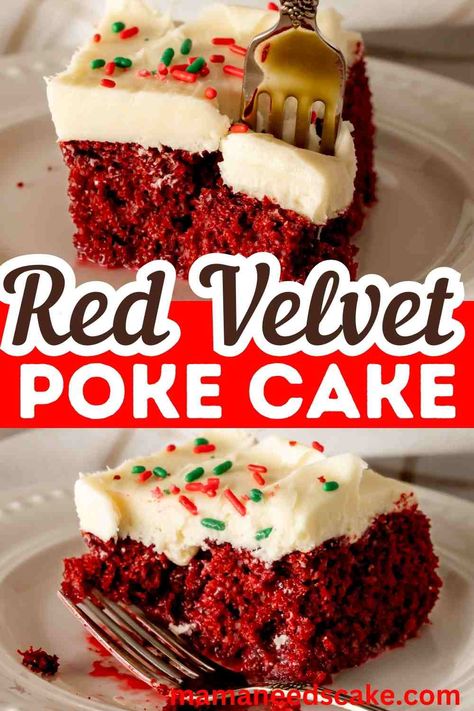 This red velvet poke cake stands out as a scrumptious and classic dessert with cream cheese frosting. This dessert is perfect for Christmas or any special occasion. Red Velvet Poke Cake Easy, Poke Cake Christmas, Christmas Red Velvet Poke Cake Recipe, Christmas Red Velvet Cake Decorations, Christmas Cake Red Velvet, Red Velvet Dump Cake Recipes, Red Velvet Poke Cake Condensed Milk, Christmas Red Velvet Poke Cake, Christmas Cranberry Poke Cake