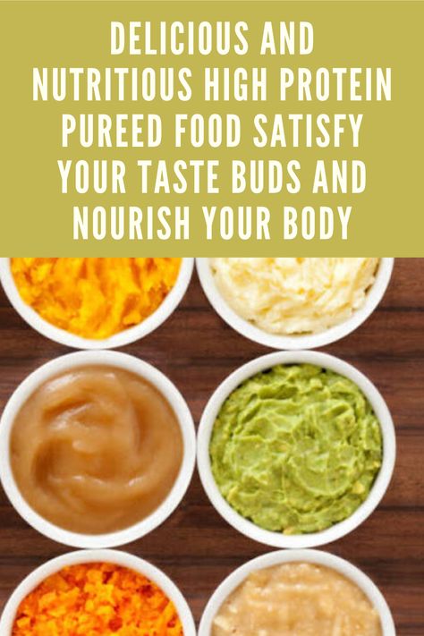 Unlock Your Health with Easy High Protein Pureed Food Recipes" written in bold, featuring a variety of colorful pureed foods in bowls, including options like sweet potato, peas, and chicken, garnished with herbs and displayed on a wooden table. High Protein Pureed Food Bariatric Eating, High Protein Purée, Blended Recipes Food, Pureed Foods For Bariatric Patients, Soft Pureed Foods, Gastric Bypass Sleeve Liquid Diet Ideas, Puree Vegetables Recipes, Pureed Food Recipes For Dysphagia, Bariatric Preop Liquid Diet Recipes