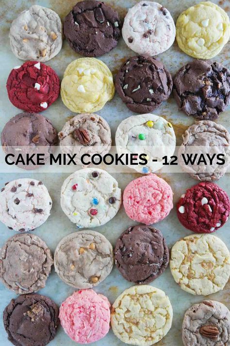 Cake Mix Cookies 12 Ways – So many varieties, you’ll want to try them all! 4 ingredients, 20 minutes, and you can have soft, delicious cookies. Video Included. #recipe #cookies #cakemix #cakemixcookies #easydessert Cookies To Go Packaging, Funfetti Oreo Cake Mix Cookies, Odd Cookie Recipes, Vanilla Cake Cookies Recipe, Cookie Mix Ins, Vanilla Cake Mix Cookies Recipes, Vanilla Cake Cookies, Vanilla Cake Mix Cookies, Cake Cookie Recipes