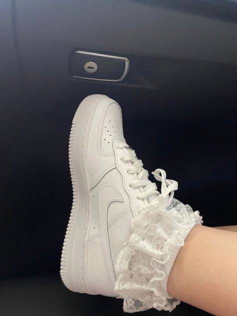 airforces,frilly socks Frilly Sock Outfits, Ruffle Trim Socks Outfit, Ankle Ruffle Socks, Ruffle Socks With Heels, Socks With Frills, Frilly Socks With Sneakers, Frilly Socks Aesthetic, Lace Socks With Sneakers, Ruffle Socks With Sneakers