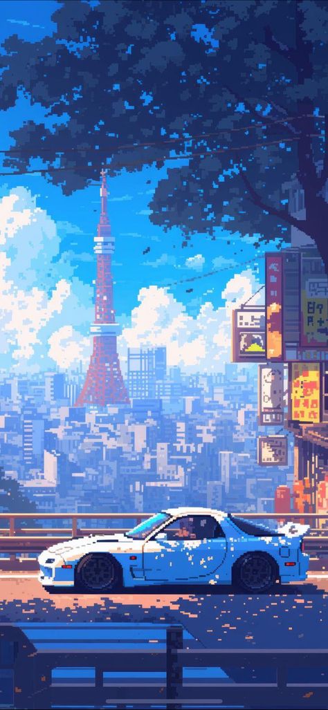 Chill Backgrounds, Pixel Car, Pixel Art Landscape, Japanese Wallpaper Iphone, Pixel Art Background, Jdm Wallpaper, 8bit Art, Cool Car Drawings, Cool Pixel Art