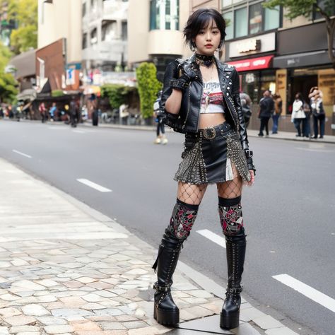 #punk #punks #punkfashion #punkstyle #punkgirls #streetstyle #streetsnap #aiartか Punk Glam Outfit, Punk Rock Aesthetic Girl, Leather Punk Outfit, Street Punk Aesthetic, Battle Of The Bands Outfit, Feminine Punk Outfits, Punkish Outfit, Punk Rock Girl Outfits, 90s Punk Girl