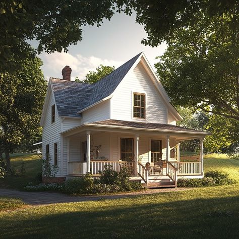 Discover the charm of village life with this picturesque two-story house! 🏡✨ The off-white exterior, cozy front porch, and lush green surroundings create a perfect escape from the everyday hustle. 🌿🌞 Embrace the warmth and tranquility of a home bathed in soft afternoon light. 💫💕 From its rustic charm to its traditional design, this house is the epitome of peaceful living. 🛋️🏞️ #CountryLiving #VillageHouse #RusticCharm #CozyHome #PeacefulRetreat #TraditionalDesign #HomeSweetHome #Countrysi... Old Style Country Homes, Small White Country House, Country Houses Aesthetic, Cute House With Porch, White House With Wrap Around Porch, Old Victorian House Exterior, Small House With Wrap Around Porch, White Two Story House, Village House Aesthetic