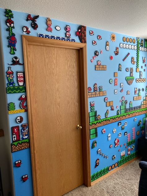 Diy Pixel Wall Art, Game Wall Art, Mario Wall Decor, Super Mario Playroom, Mario Wall, Perler Beads Ideas Mario, Perler Mario, Mario Theme Room, Spongebob Bedroom