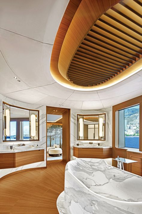 Jouin Manku's Debut Super Yacht Sets Sail Super Yachts Interior, Yacht Bathroom, Yachts Interior, Jouin Manku, Marble Tub, Best Yachts, German Architecture, Ig Photos, Super Yacht