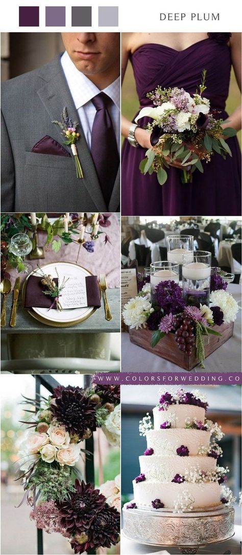 Plum purple wedding color ideas #wedding #weddingcolors #purple #purplewedding Gold Wedding Theme Bridesmaid Dresses, Plum Wedding Colors, Plum Purple Wedding, Deep Purple Wedding, Purple Fall Wedding, Dark Purple Wedding, Wedding Theme Color Schemes, Purple Wedding Centerpieces, Wedding Color Ideas