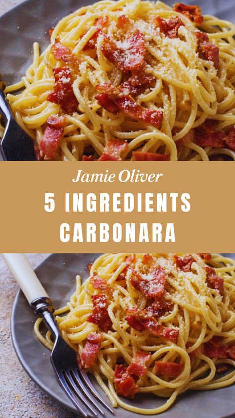 Jamie Oliver 5 Ingredients Carbonara Jamie Oliver 30 Minute Meals, Easy Carbonara, Jamie's 30 Minute Meals, Jamie Oliver 5 Ingredients, Jamie Oliver Chicken, Easy Carbonara Recipe, Creamy Carbonara, Nordic Recipe, Carbonara Recipe