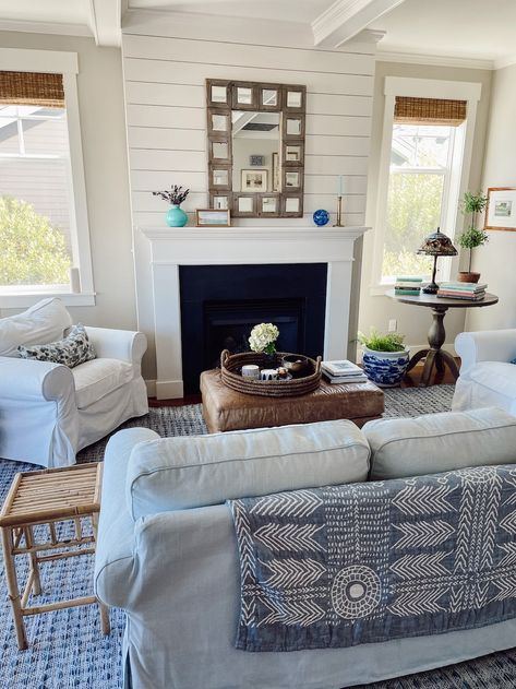 Ektorp Living Room, Pottery Barn Sofa, Rainy Outside, Ikea Ektorp Sofa, Ektorp Sofa, White Slipcovers, Blue And White Rug, Ikea Ektorp, Grey Sectional Sofa