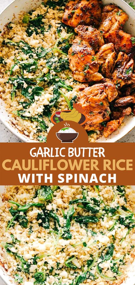 Garlic Butter Cauliflower, Rice With Spinach, Butter Cauliflower, Cauliflower Rice Easy, Cauliflower Rice Recipes, Resep Diet, Buffalo Cauliflower, Keto Side Dishes, Spinach Recipes